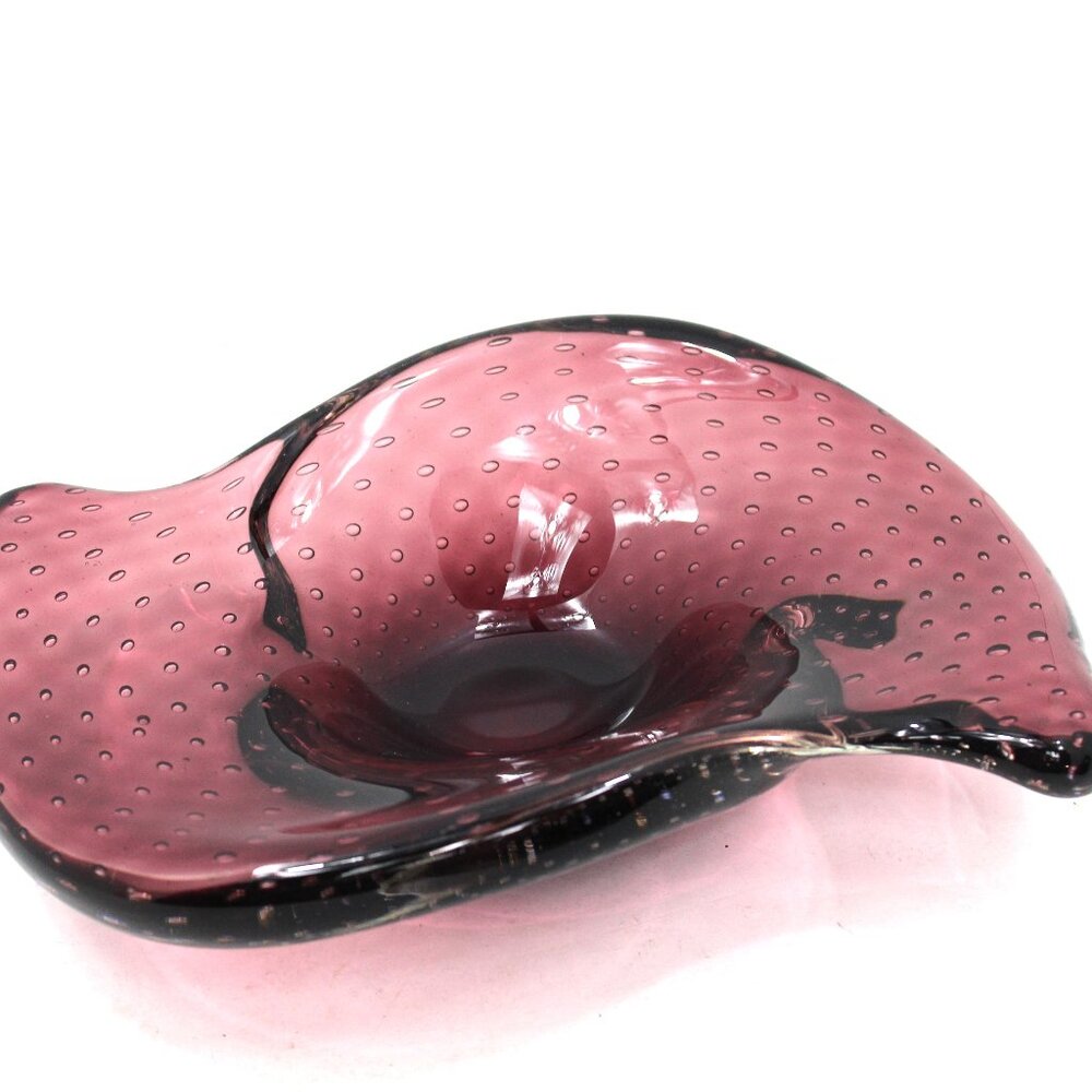 Vintage Murano Controlled Bubble Plum Candy Dish Seeded Handblown Kidney Shaped